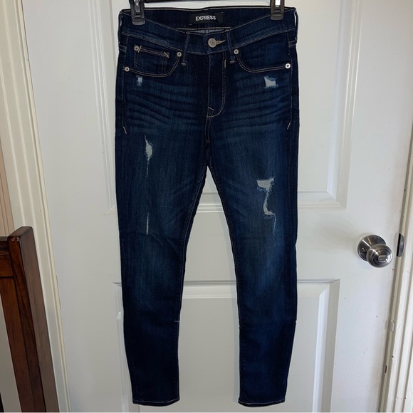 Express Dark Wash Ripped Mid Rise Legging - Picture 2 of 7